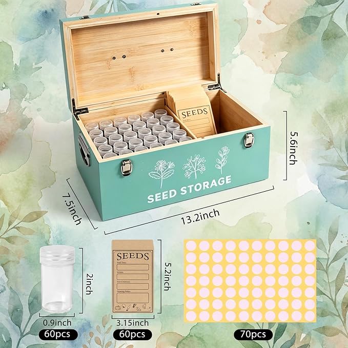 60 Slots Seed Storage Organizer, Bamboo Seed Saving Box with Lid and Safety Locks, Seeds Storage Container with 60 Seeds Envelopes and 64 Label, Perfect for Flower Plants Garden