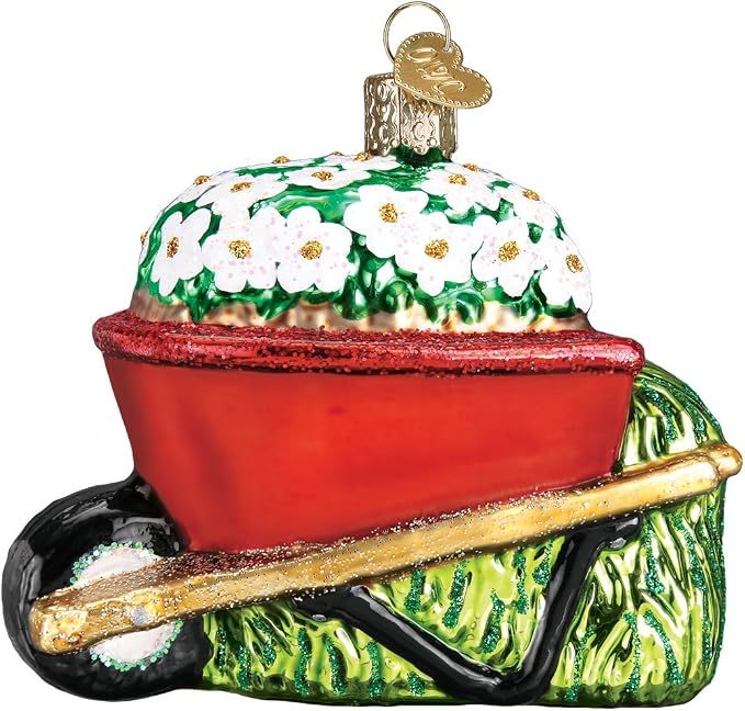 Old World Christmas Wheelbarrow with Flowers Glass Blown Ornament for Christmas Tree, Handcrafted Holiday Decoration, Garden Collection