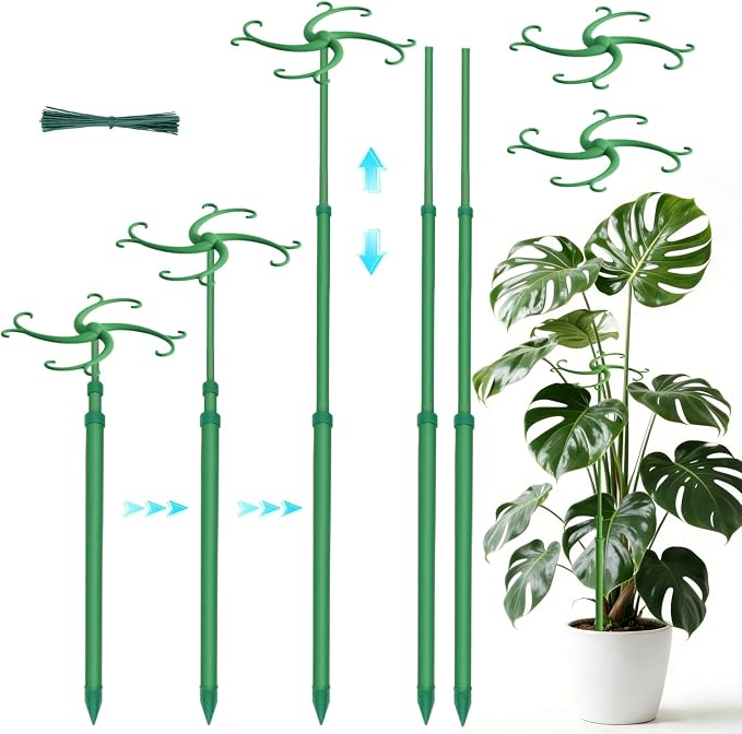 Plant Stakes, Telescoping Plant Support 5Pack 17.3 to 42.3IN Adjustable Monstera Plant Support, Garden Stakes with Clips,Sturdy Plant Sticks for Indoor Outdoor Plants,Orchid, Tomato,Vine,Monstera