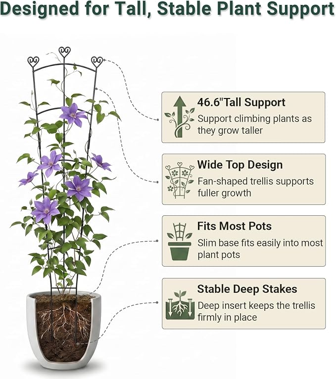 46.6" Tall Plant Trellis for Climbing Plants Indoor Outdoor, Durable Metal Trellis for Potted Plants, Adjustable Climbing Plant Support for Vines, Clematis, Morning Glories, Ivy, Black, 2 Pack