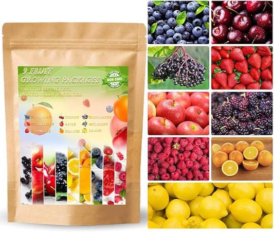 1200+ Mix Fruit Seeds Berry Seeds for Planting (9 Varieties) Heirloom Strawberry Raspberry Mulberry Apple Orange Blueberry Lemon Elderberry Cherry Seed for Home Garden