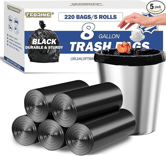 Medium Trash Bags 8 Gallon Heavy Duty, 0.94 Mil, Black, 220 Count | 30 Liter Garbage Bag, Plastic Waste Basket Can Liners, Unscented, Leakproof, Tear Resistant, for Bathroom Office Kitchen Bulk