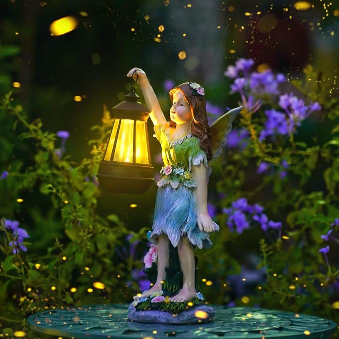 Pohabery Fairy Garden Statue Solar Garden Fairy with Lantern Light Outdoor Decoration Waterproof Solar Sculpture for Patio Yard Lawn Gift for Mom Grandma