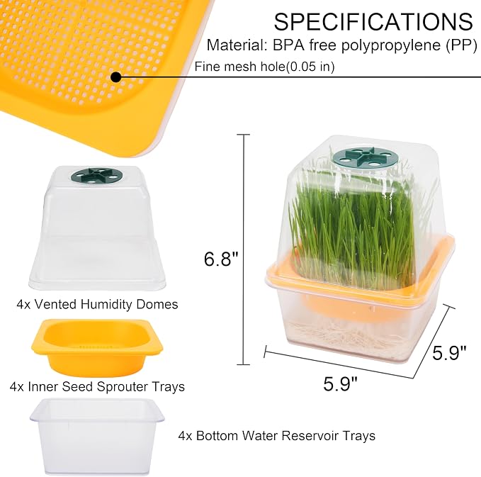 Microgreen Growing Trays, 5" x 5" Sprouting Tray with Humidity Dome, 1.2 mm Small Mesh Holes, BPA Free, Sprouter Kit for Growing Mirco Seeds, Like Broccoli, Alfalfa, Radish, Clover - 4 Pack | Clear