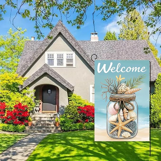 Summer Welcome Garden Flags 12x18 Double Sided Outside | Small Burlap Seasonal Tropical Farmhouse Porch Flags Yard Decorations, Outdoor Beach Pool Decor, Beach Shell Design