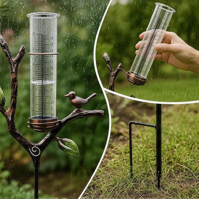 Outdoor Glass Rain Gauge with Stake Bird Shaped Yard Rainfall Measuring Tool 7 Inch