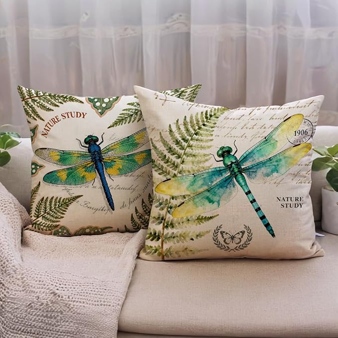 7COLORROOM Vintage Dragonfly Throw Pillow Covers 18x18 Inch,Watercolor Dragonfly Nature Theme Pillowcases Spring Country Style Home Decor Cushion Cases 4Pack,for Sofa Couch Porch Patio (Green)