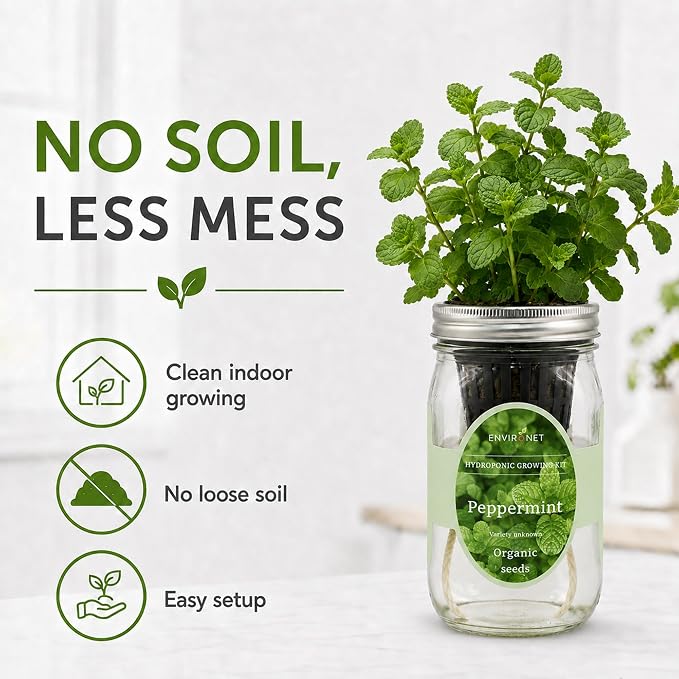 Hydroponic Herb Growing Kit, Self-Watering Mason Jar Herb Garden Starter Kit Indoor, Grow Your Own Herbs from Seeds (Peppermint)