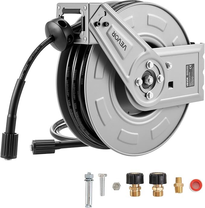 VEVOR Pressure Washer Hose Reel, 65 ft x 1/4 inch Retractable Power Heavy-Duty Steel Washer Hose Reel, 3200PSI Max, Auto-Rewinding, Flexible Wall/Floor Mounted for Car Washing,Garden,Floor Cleaning