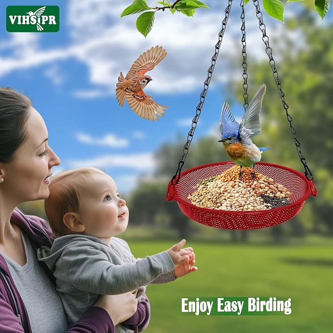Hanging Bird Feeder for Outdoors – 9 in Metal Mesh Bird Feeder Tray Platform for Finches, Chickadees & Small Birds, Red