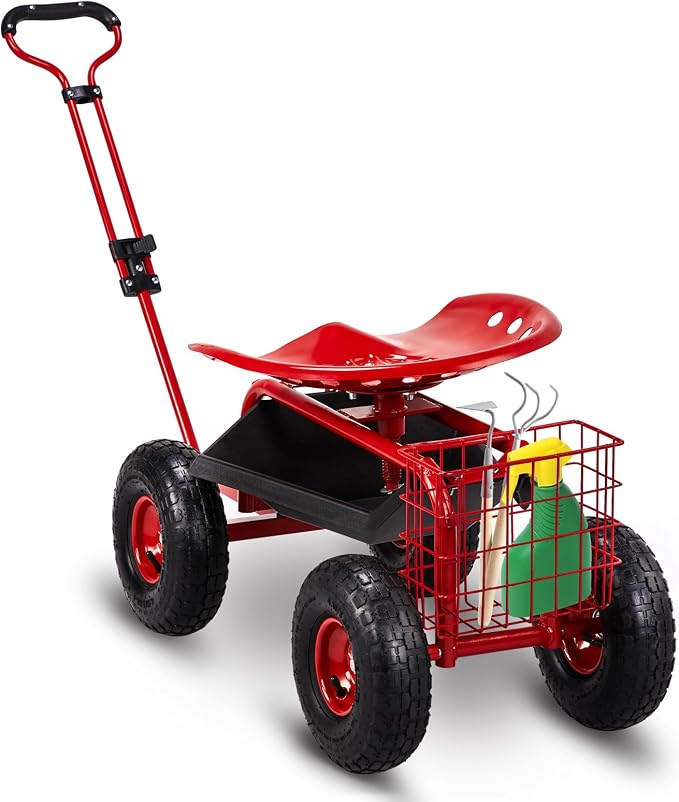 Garden Cart Rolling Workseat with Wheels, Gardening Stool Cart Seat with 360 Degree Swivel Seat & Extendable Handle & Tool Tray, Patio Wagon Scooter for Planting, Weeding, and Outdoor Tasks, Red
