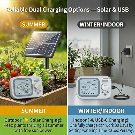 Solar Drip Irrigation System, 50FT Automatic Plant Watering Kit for 15 Potted Plants, IP67 Waterproof Solar Irrigation Indoor and Outdoor Use with Multi-Timer Modes for Garden, Balcony,Patio