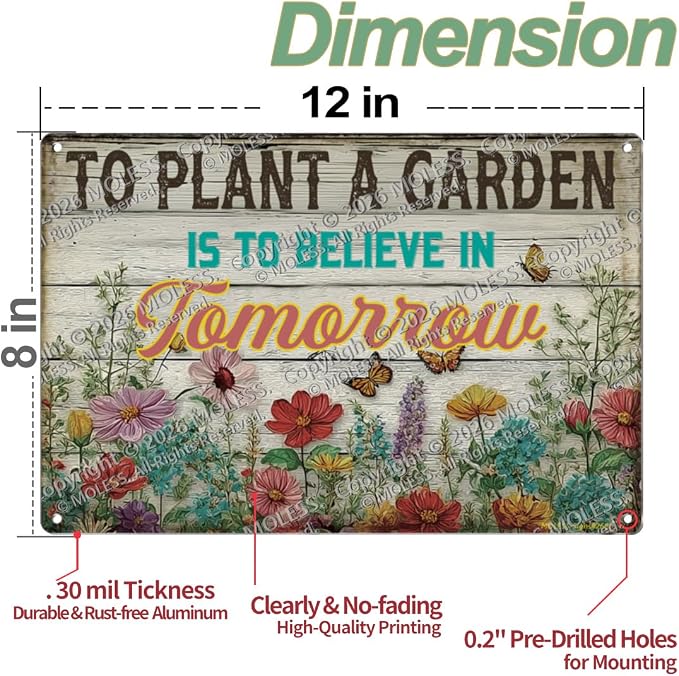 Vintage Garden Sign – 'To Plant a Garden Is to Believe in Tomorrow' | 12x8″ Inspirational Metal Garden Decor for Outside, Gardening Gifts for Women & Mom, Plant Lover Gifts, 2683