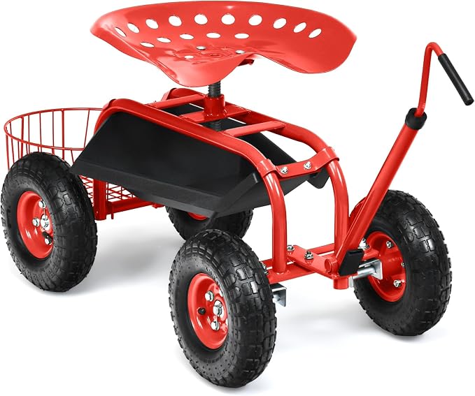 IRONMAX Garden Cart with Seat, Gardening Rolling Stool Scooter with 10’’ All-Terrain Wheels, Adjustable Steering Handle & Tool Tray and Basket for Outdoor Planting (Red)