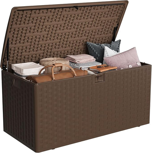 IDEALHOUSE 100 Gallon Resin Deck Box, Waterproof Outdoor Storage Box with Lockable Lid & UV Resistant, Patio Furniture Cushion Storage Container for Garden, Backyard, Poolside (Brown)