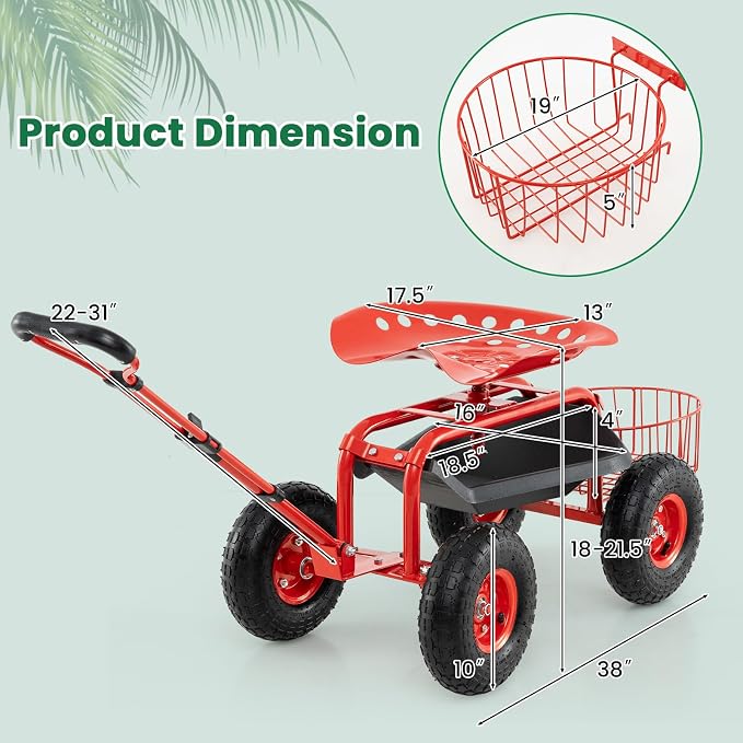 IRONMAX Garden Cart with Seat, Gardening Rolling Stool Scooter with 10’’ All-Terrain Wheels, Adjustable Steering Handle, Tool Tray and Basket, Outdoor Work Seat for Planting (Red)
