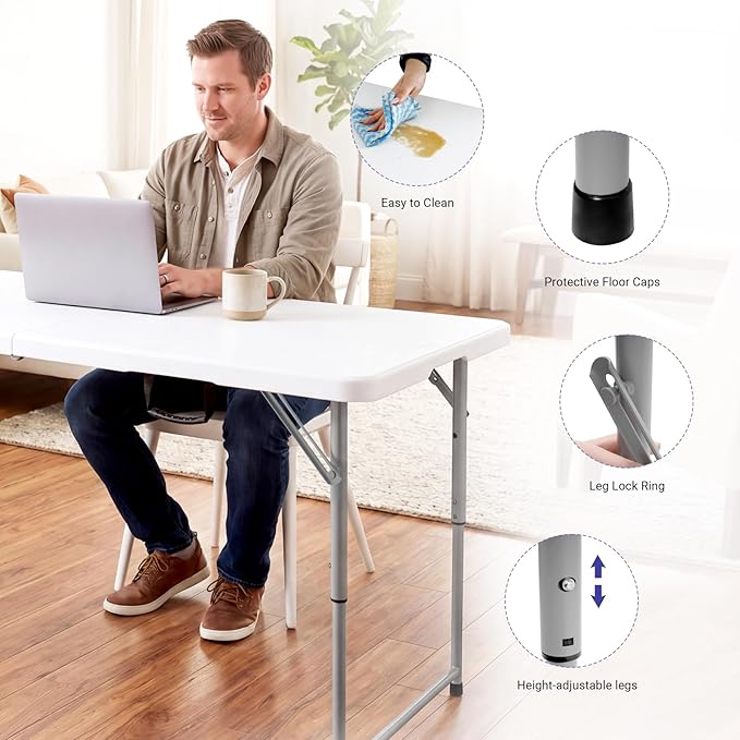 Byliable Folding Table 4 Foot, Heavy Duty Portable Plastic Fold-in-Half Utility 4ft Folding Table with Carrying Handle for Indoor Outdoor, Camping Picnic Party, White