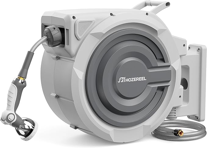 150 FT x 1/2" Retractable Garden Hose Reel by HOZEREEL, UV Resistant Hose Reels - Automatic Slow Self Retract Wall Mount Hose Reel Enclosed Storage, Any Length Lock 180° Swivel, 10 Pattern Nozzle
