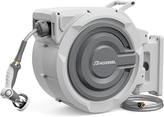 150 FT x 1/2" Retractable Garden Hose Reel by HOZEREEL, UV Resistant Hose Reels - Automatic Slow Self Retract Wall Mount Hose Reel Enclosed Storage, Any Length Lock 180° Swivel, 10 Pattern Nozzle