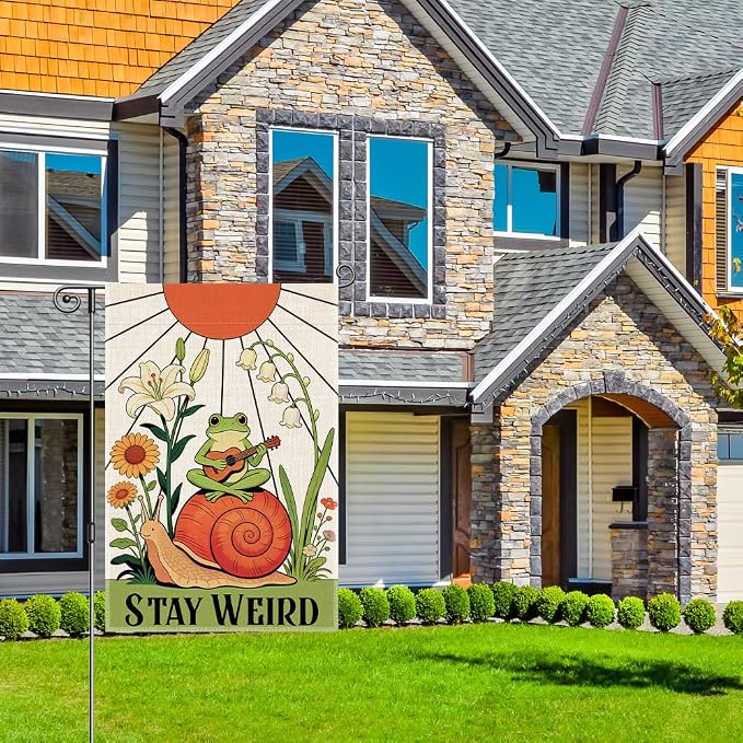 Perfectinsoy Stay Weird Funny Garden Flag, Human Rights LGBTQ Yard Banner, Equality Human Rights Outdoor Sign, Cute Frog Snail Flags, Welcome Yard Farmhouse Lawn Outdoor Decor, Housewarming Flag Gifts
