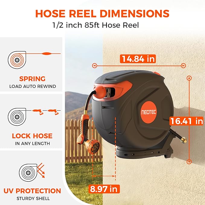 New Retractable Garden Hose Reel 1/2 inch x 85 ft 9 Pattern Nozzle Wall-Mounted Any Length Lock Automatic Slow Return 180° Swivel UV Resistant Heavy Duty Hose Reels for Outside