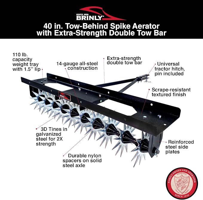 Brinly Tow Behind Spike Aerator with Double Tow Bar and 3D Steel Tines, 40" - Textured Black