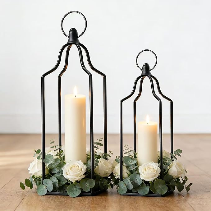 Rustic Farmhouse Decor Metal Lantern Set of 2 Decorative Lanterns for Home Indoor Outdoor Living Room, Fireplace, Patio, Wedding & Kitchen Table Centerpieces (Black, 16.9" 14.5")