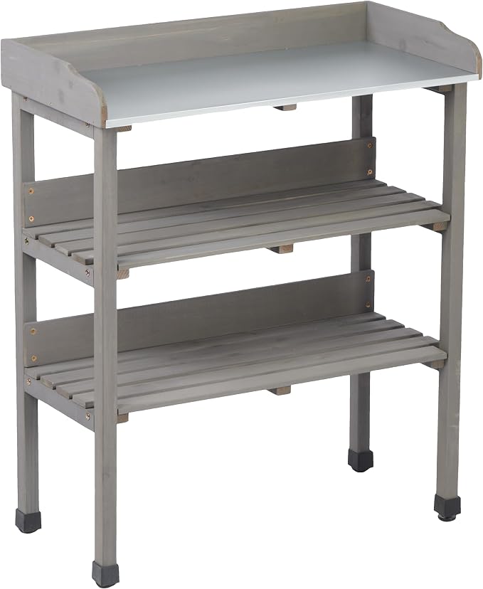 30" Outdoor Potting Bench Table with Metal Tabletop, Wooden Potting Table, 3 Tier Garden Work Bench Shelf with Hooks & Adjustable Feet for Patio Porch Balcony, Grey