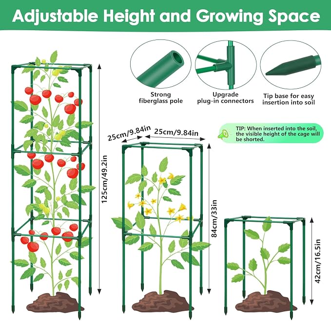 3 Pack Tomato Cage for Garden, Upgraded Fiberglass Garden Trellis with 3 PCS Grow Bags, Square Tomato Planter Support Garden Cages for Cucumber Vegetables Vertical Climbing Plants