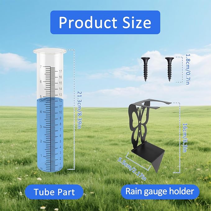 TBWHL 7" Capacity Rain Gauge Replacement Tube Glass with Stainless Steel Butterfly Shape Rack Holder, Decorative rain Measure Gauge for Yard Garden Fence Lawn Farm