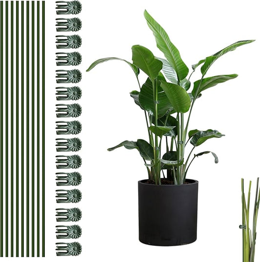 10pcs Green Plant Support Stakes with 15pcs Clips, Bendable Stakes for Tall Plants, Indoor & Outdoor Use