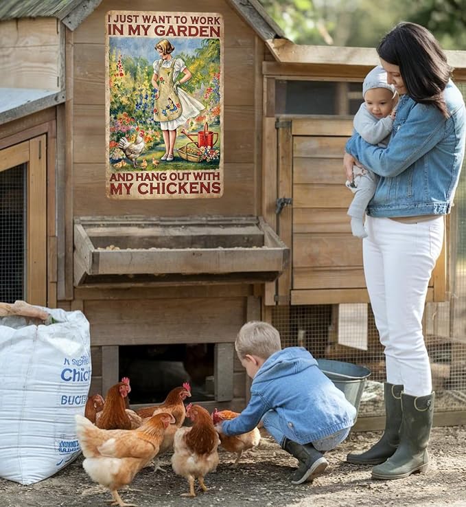 Chicken Gifts Funny Garden Decor Sign Vintage Farmhouse Chicken Decor for Chicken Coop Greenhouse Accessories Cool Gardening Wall Decor for Women Chicken Lovers Outdoor House Garden Signs 8"x12