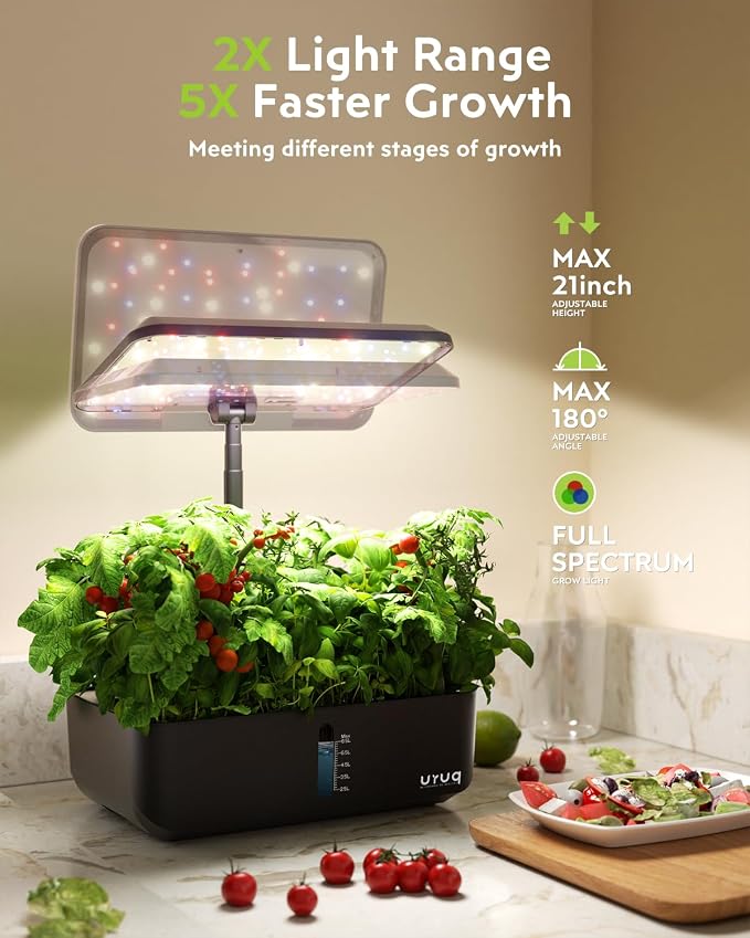 URUQ Indoor Hydroponics Growing System Kit 12 Pods Gardening System Herb Garden Custom Time with LED Grow Light Height Adjustable Quiet Plants Germination Kit - Gardening Gifts for Women Men Black