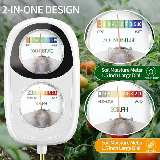 Soil Test Kit, 2-in-1 Soil Moisture Meter, Soil pH Tester, Large Dual Dial Soil Meter for Plants, Garden Soil, Lawn, Farm, Outdoor & Indoor Use-Muted White