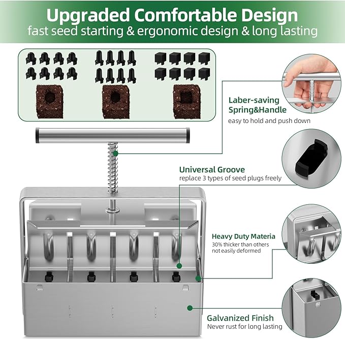 zukakii Soil Blocker 2 Inch 8 Cell Upgraded Soil Block Maker Heavy Duty with Comfortable Handle and 3 Sizes Seed Pins Handheld Soil Blocking Tool for Seed Starting transplanting Germination