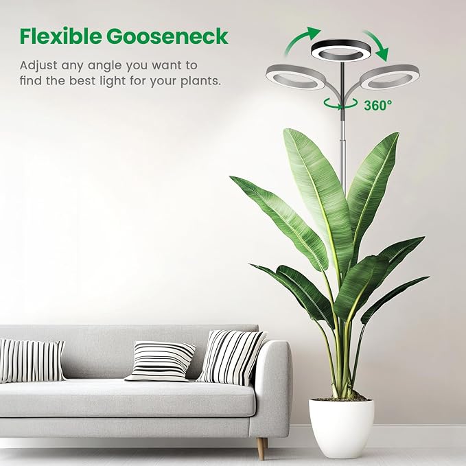 Garpsen Plant Light, Full Spectrum Grow Light with Gooseneck, 3 Colors Modes and 5 Dimmable Levels, 6/12/16H Timer, 65'' Height Adjustable Grow Lamp for Large Plants(3Pack)