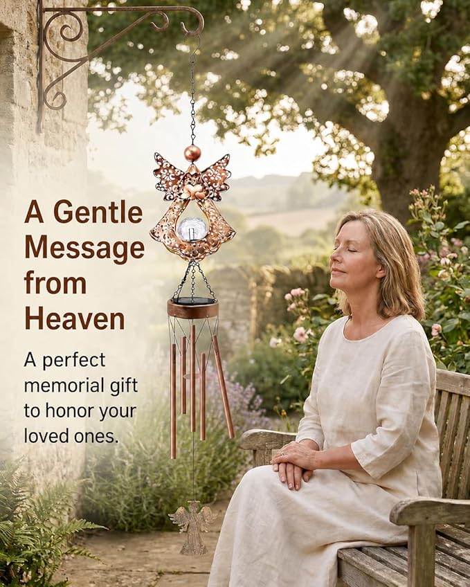 Solar Angel Wind Chimes for Outside: Melodious Birthday Gifts for Mom Women Grandma Her Wife - Weatherproof Metal Outdoor Decor Easy Hanging for Garden Patio Tree Window Memorial
