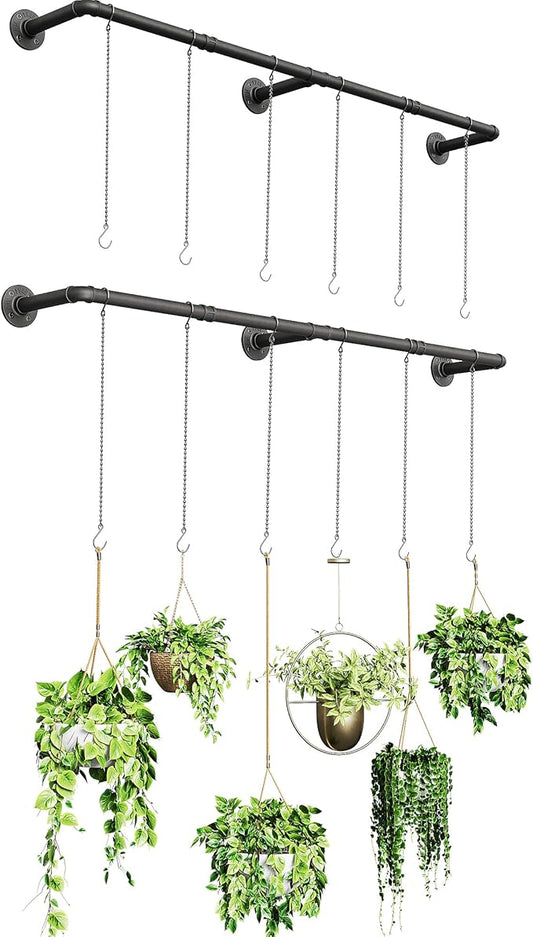 SOFITORG Plant Haning Rod, 2 Pack Hanging Planters for Indoor Plants with 6 Chains, Wall Plant Hanging Bar for Window Celling, 65.7 Inch, Metal Black, Pots Not Included