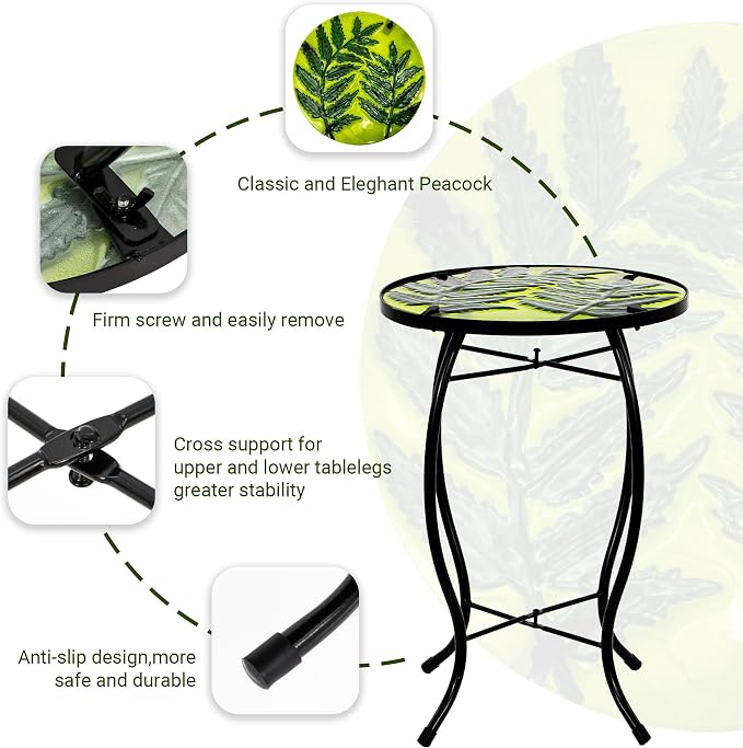 Subtropical Leaf Small Patio Table,Outdoor Side Table,Outdoor Bar Table,Metal Glass End Table for Porch Garden Yard Pool Living Room Valentine Decor，10 Inch Side, Valentine Decorations Gift