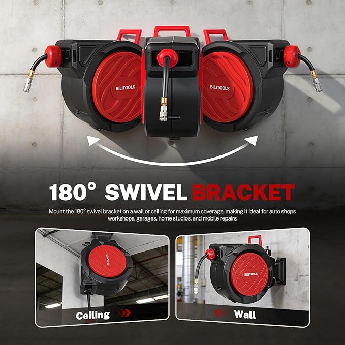 BILITOOLS Retractable Air Hose Reel, 1/2" x 50 ft High Flow Hybrid Air Hose Max 300PSI, Enclosed Air Compressor Hose Reel with Smooth Auto Rewind & 5 ft Lead-In Hose, 180° Swivel Wall/Ceiling Mount