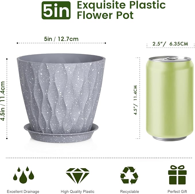 Meowell 5 inch Plant Pots for Indoor Outdoor Plants, 6 Pack Thick Flower Pots with Drainage Holes and Saucers, 3D Modern Wave Texture Small Plastic Planters Nursery Pots, Speckled Grey