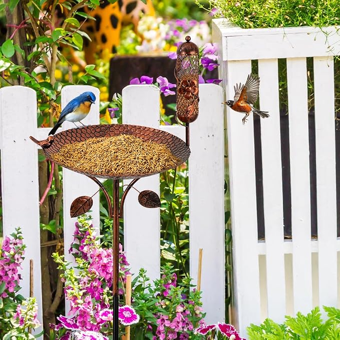 dreamysoul Metal Bird Baths for Outside, 46 Inches Tall Freestanding Birdbaths with Birdfeeder, 5-Pronged Bird Bath for Outdoors Garden Yard Patio Decor