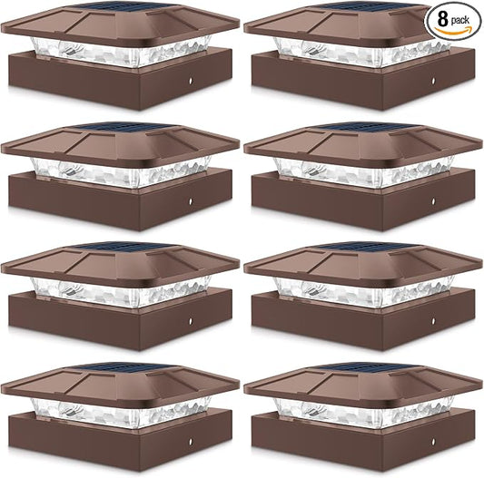 Peasur 4x4 Solar Post Cap Lights Outdoor with 3 Modes, 8 Packs Brown Fence Light Solar Powered Waterproof, Wood/Vinyl Posts Caps Lights for Deck Yard Garden Patio Porch Railing Outside