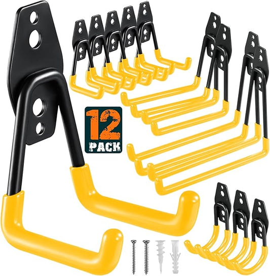 HUPBIPY 12 Pack Garage Hooks Heavy Duty Utility Steel with Anti-Slip Coating Wall Mount Storage Organizer for Hanging Power and Garden Tools, Ladders, Hose, Bikes, Ropes, Bulk Items, and More