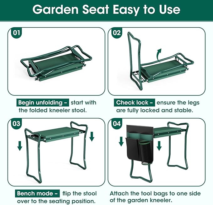OAOA innovation 2-in-1 Garden Kneeler with Umbrella, Kneeling Bench & Black Umbrella, Portable Stool 330lb Capacity, Garden Tools Bag with Bottle Holder, Gardening Gift for Men Women Seniors