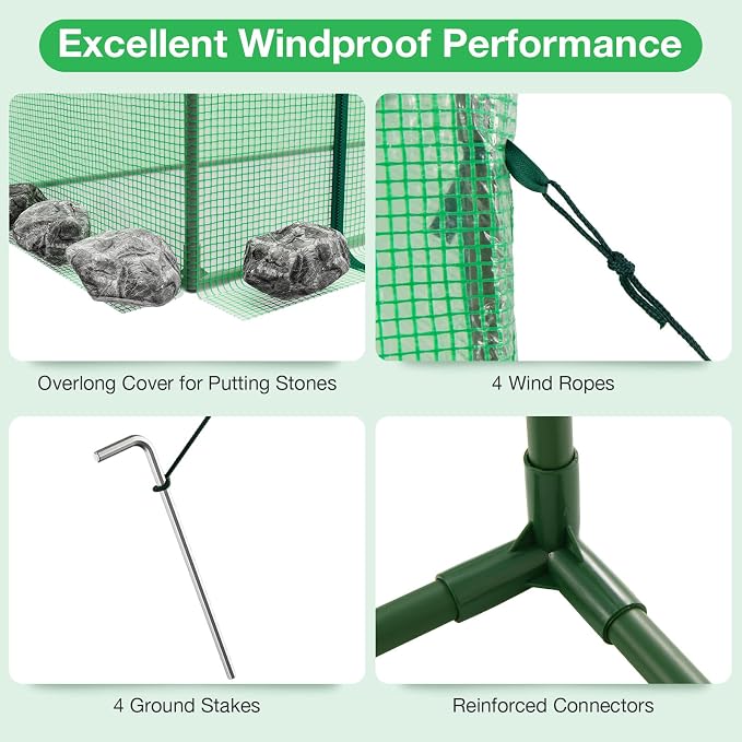 Giantex Walk-in Greenhouse, 4 Ground Stakes & Ropes, Outdoor Portable Mini Greenhouse w/ PE Cover, Heavy-Duty Metal Frame, Roll-up Zipper Door, Double-Layer Screen Windows, 6.6 x 2.5 x 5.6 FT