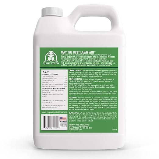 Turf Titan Lawn Advancer – Green Lawn Booster and Lawn Fertilizer (1 Gallon) – Fast Acting Grass Fertilizer w/Tri-Action Formula – Fertilizer Concentrate for Grass Growth - Covers up to 24,000 Sq Ft