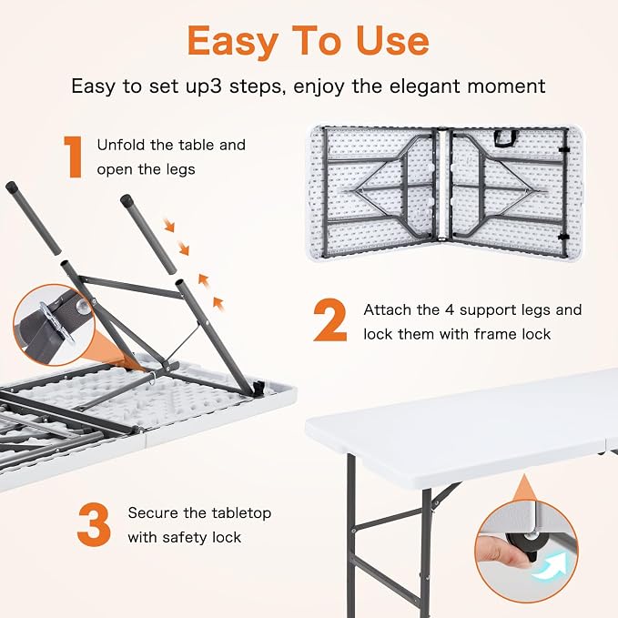 Sweetcrispy 4 FT Folding Picnic Table 2 Pack, Easy to Fold and Store, Foldable Table for Camping Picnic Dining Party Kitchen Outdoor Indoor with Carrying Handle