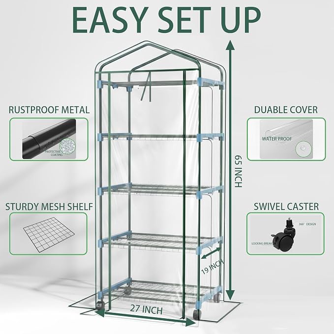 Mini Indoor Greenhouse with Grow Light - Portable Outdoor for Plants Green House Cabinet with Wheels, Tent Cover, 4 LED Lights with Dimmable 3 Color 36W, 4 Tier Gardening Shelves