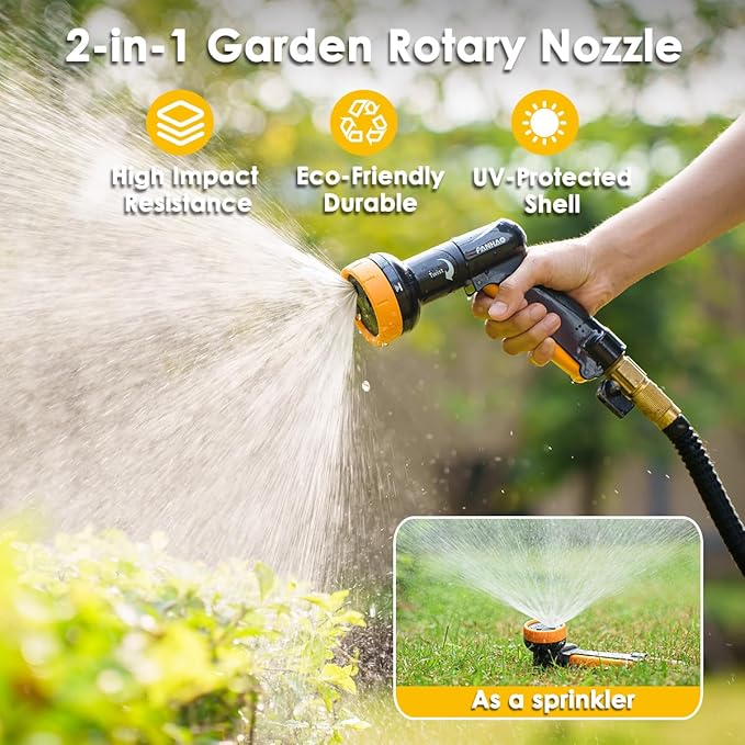 FANHAO 2-in-1 Rotating Garden Hose Nozzle with Sprinkler Function, High-impact ABS+PP Water Hose Sprayer with 4 Spray Patterns, Ergonomic Front Trigger for Lawn & Plant Watering, Car & Pet Washing